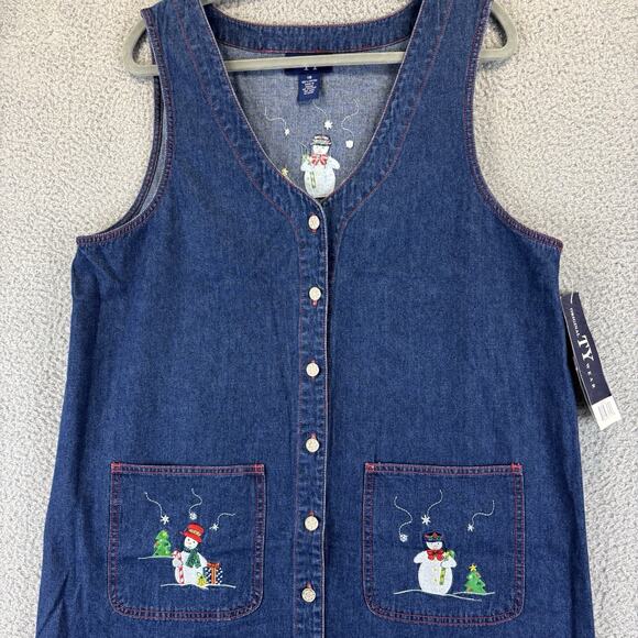 90s Denim Dress Sz 18 Overall Teacher Embroidery Winter Snowman Holiday Bib Midi - Picture 1 of 11